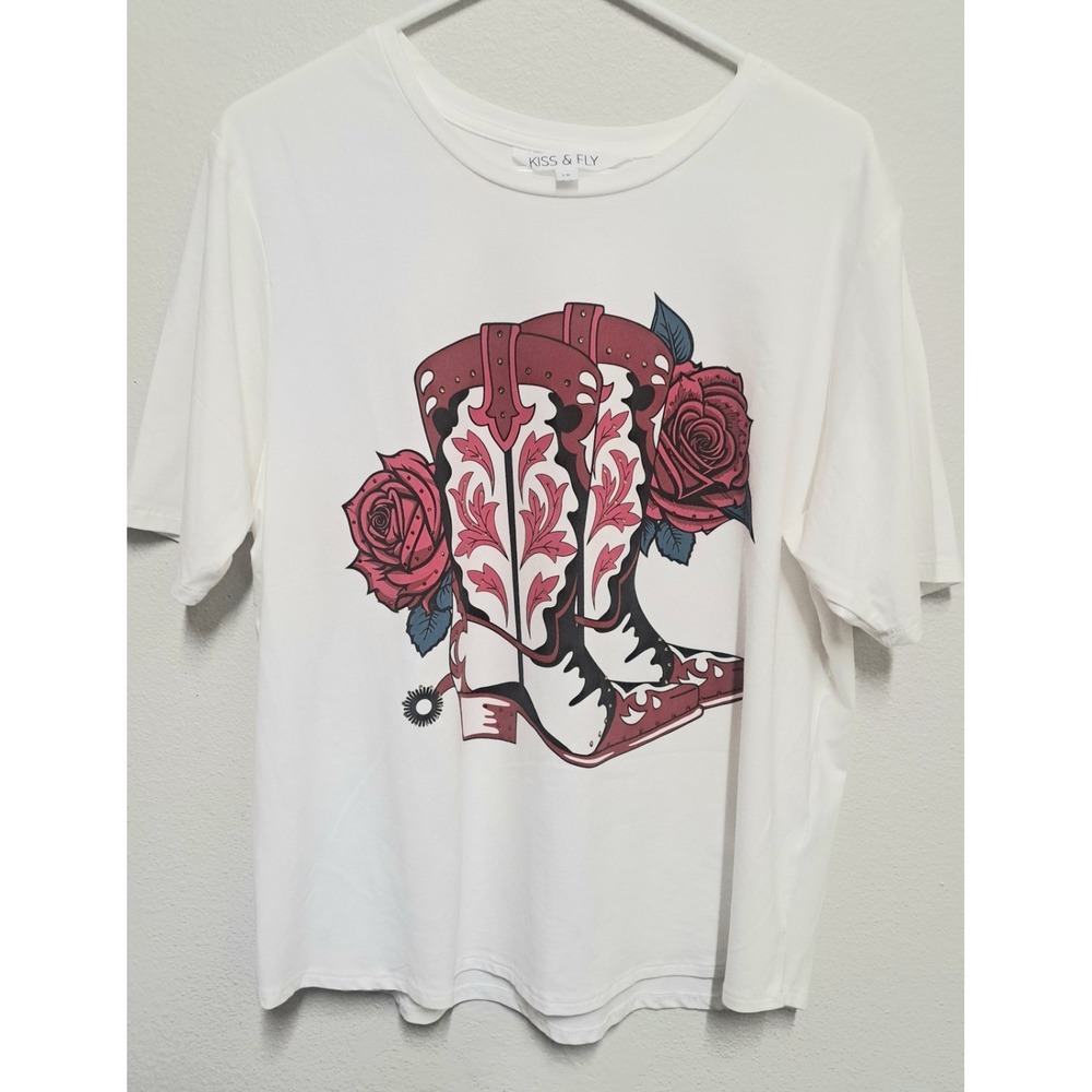 Kiss & Fly Western Cowboy Boots Graphic Tee 1X White Short Sleeve Top Womens